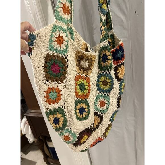 American Flirt Cotton Multicolor Handmade Crochet Granny Square Tote Bag 17x16 - Picture 2 of 8